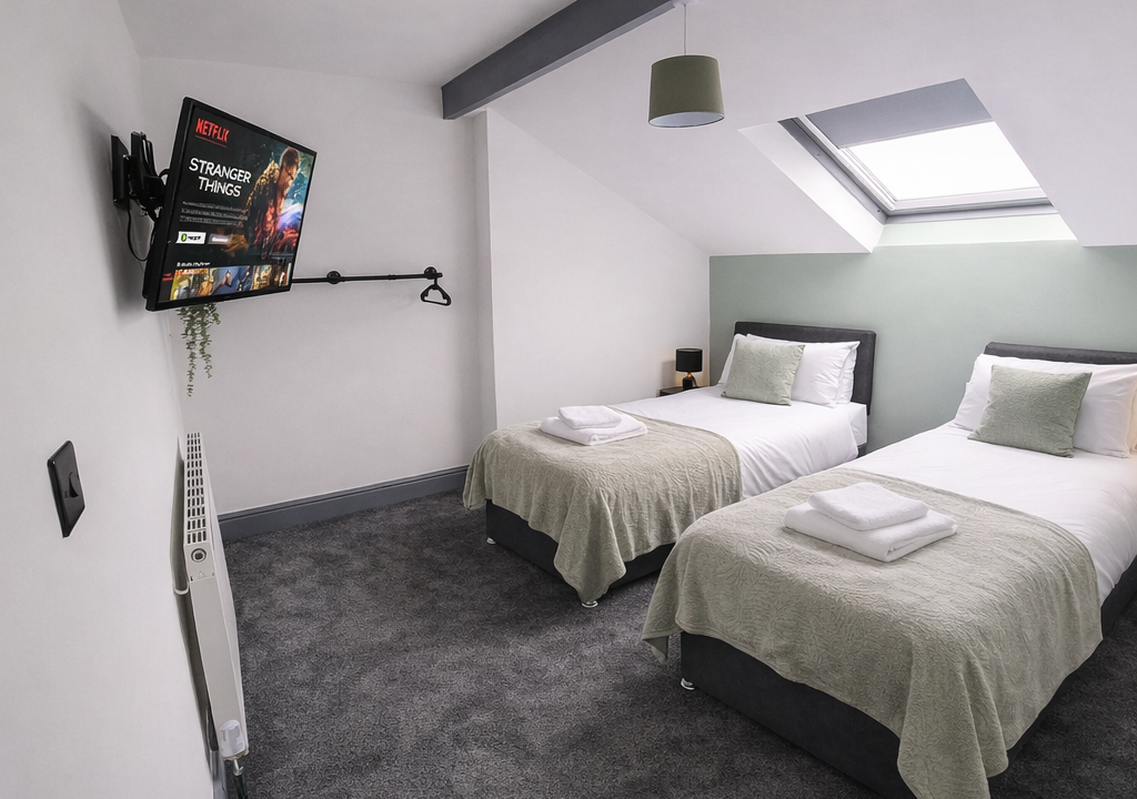 Modern attic bedroom with Netflix display